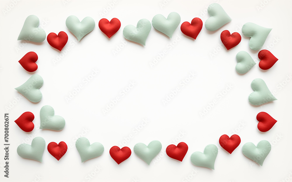 Frame made of fabric red and green hearts on a white background with copy space for text. Valentine's Day, love, hobby concept.