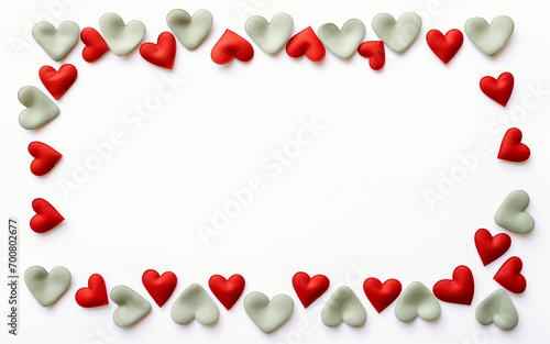 Frame made of fabric red and green hearts on a white background with copy space for text. Valentine's Day, love, hobby concept. © Milan