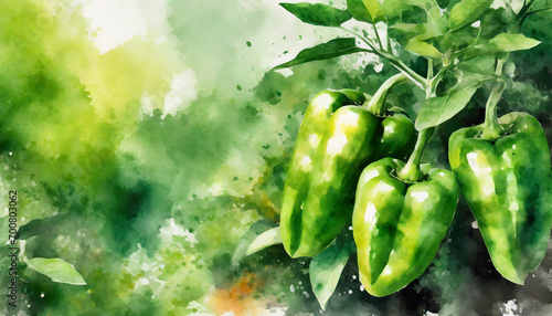 Big green sweet bell peppers, copy space on a side, watercolor art style photo