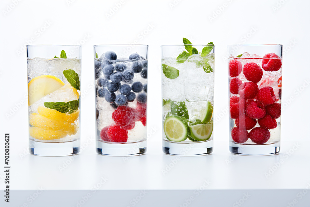 Refreshing non-alcoholic cocktails with berries on a light background. - obrazy, fototapety, plakaty 