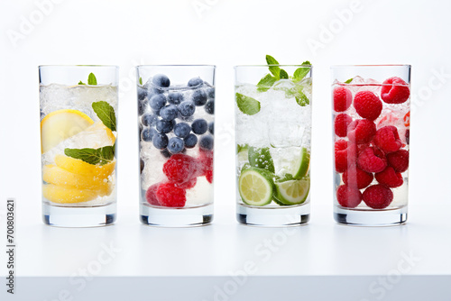 Refreshing non-alcoholic cocktails with berries on a light background.