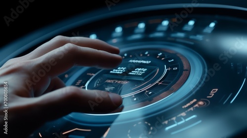 Tech-Driven Precision: Mastering the Future with a Virtual Dial - Closeup Hand Turning Settings on Futuristic Device