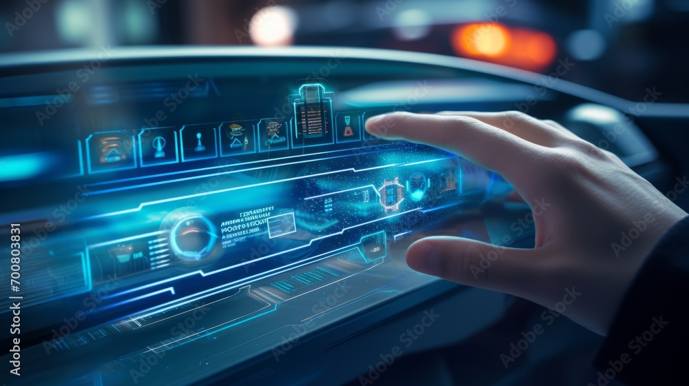 Fototapeta premium Revolutionizing the Road: Futuristic Augmented Reality Vehicle Dashboard with Holographic Speedometers and Navigation