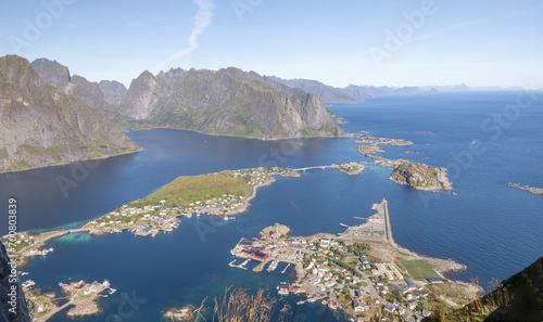 Hike to Reinebringen (via Sherpa steps) with a particularly great view of the Reine community and the Lofoten mountains. Lofoten, Nordland county, Norway photo