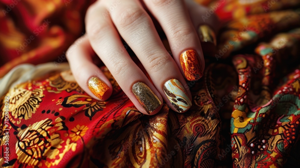 a close-up of a hand with nails adorned in vibrant orange and gold nail polish with intricate designs, set against a richly patterned fabric with warm, autumnal colors. a close-up of a hand with nails adorned in vibrant orange and gold nail polish with intricate designs, set against a richly patterned fabric with warm, autumnal colors.