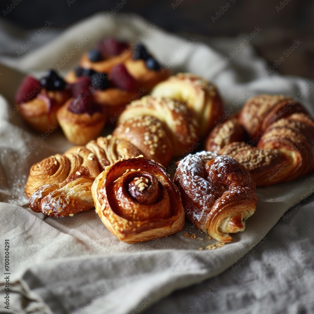 assortment of Danish pastries arranged on a neutral cloth, with the focus on a richly glazed pastry in the foreground, suggesting a sense of homely indulgence.