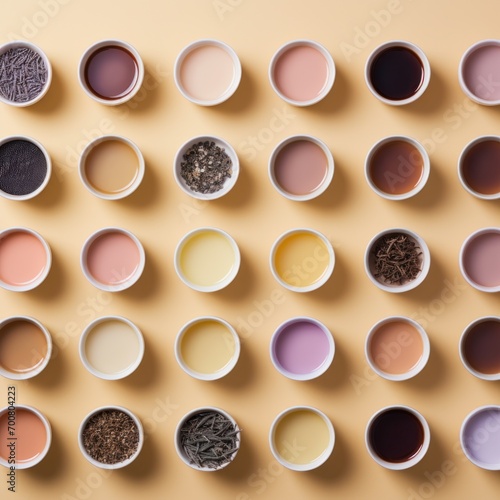 a grid of teas and infusions, each contained in a small cup against a yellow background, providing a visual sampling of flavors and hues.
