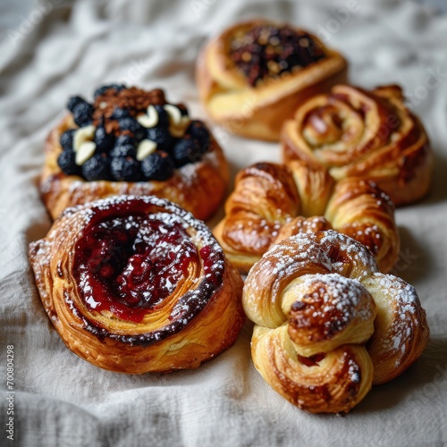 assortment of Danish pastries, each with distinct toppings and textures, presented on a cloth, inviting the viewer to appreciate the variety and craftsmanship of the baked goods.