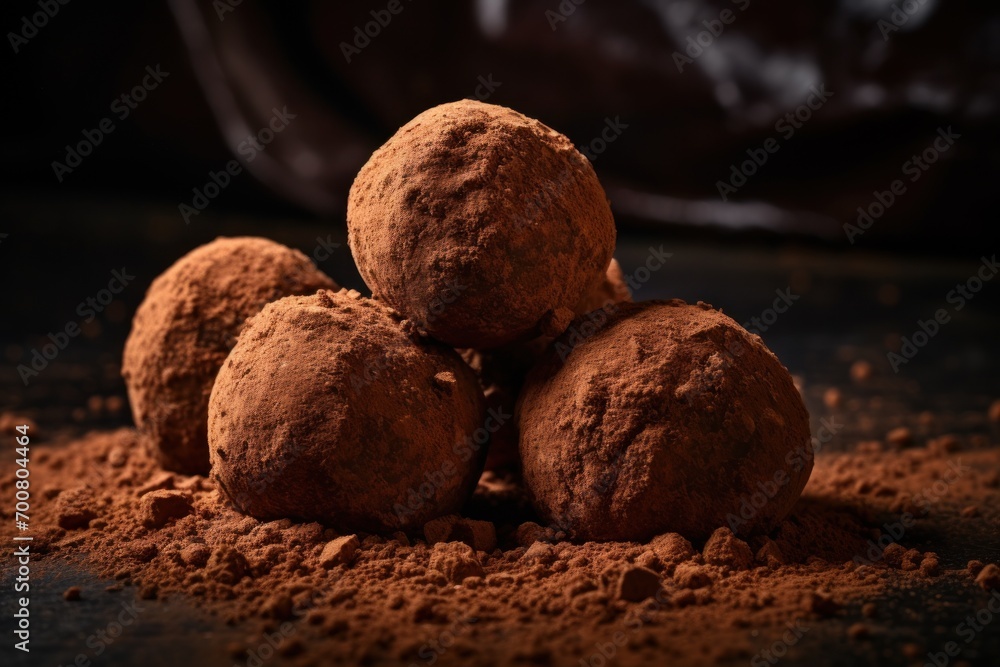 A close-up of chocolate truffles dusted with cocoa powder on a dark surface, with a blurred background emphasizing the texture of the truffles. A close-up of chocolate truffles dusted with cocoa powder on a dark surface, with a blurred background emphasizing the texture of the truffles.