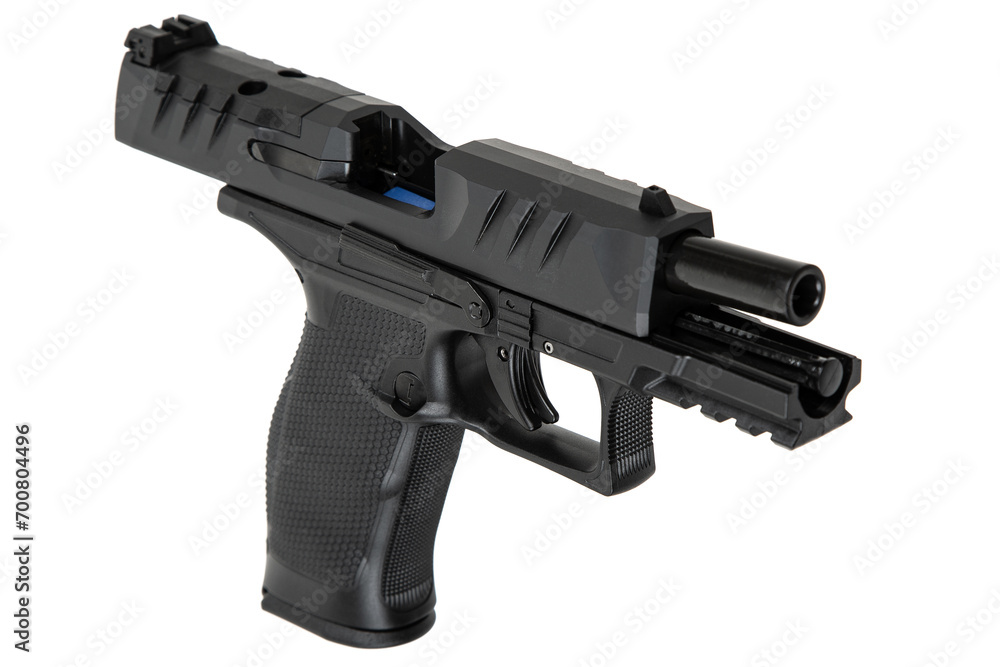 Modern semi-automatic pistol isolate on a white background. Armament for the army and police. Short-barreled weapon Modern semi-automatic pistol isolate on a white background. Armament for the army and police. Short-barreled weapon