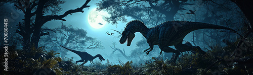 Dilophosaurus pack, hunting at night, moonlight filtering through trees, shadows and contrast, night vision style