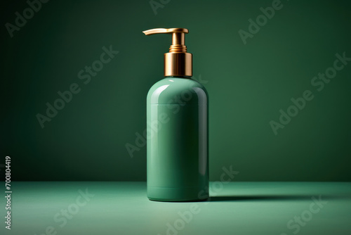 Wallpaper Mural  a single, elegant green shampoo bottle with a gold pump dispenser, set against a serene green background that highlights the product's simplicity and premium nature. Torontodigital.ca