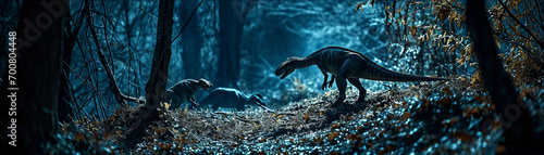 Dilophosaurus pack  hunting at night  moonlight filtering through trees  shadows and contrast  night vision style