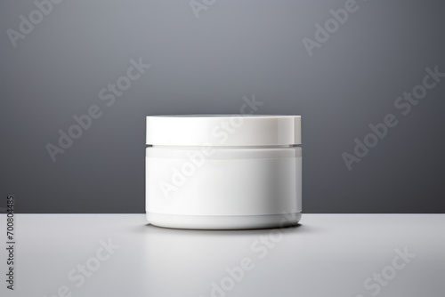 a blank white container on a reflective surface against a gray background, providing a clean and minimalistic presentation suitable for branding and product display.