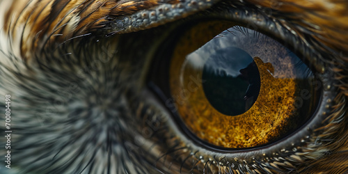 Eagle s eye close-up  capturing the intricate patterns in the iris and reflecting an expansive landscape