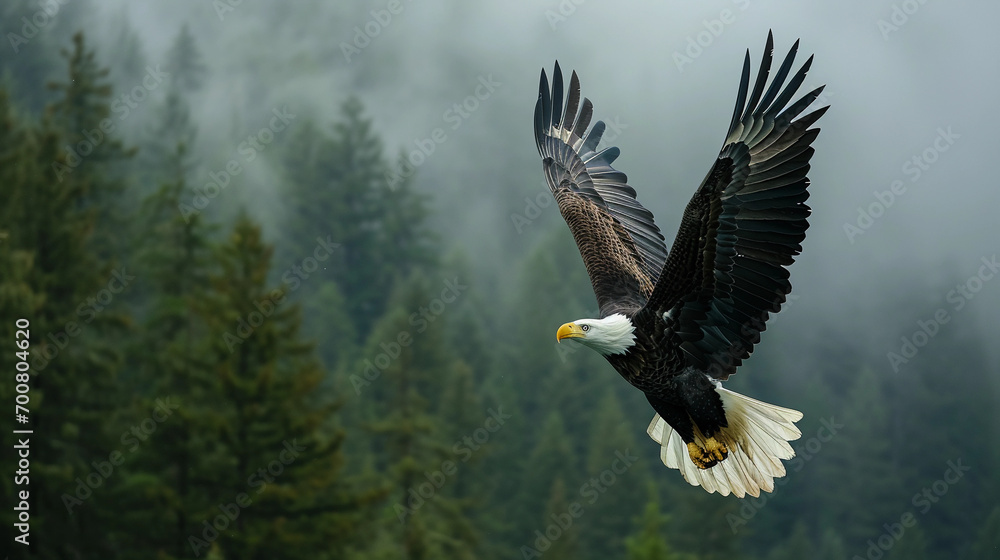Majestic bald eagle soaring over a dense forest, wings fully spread, capturing the essence of freedom Majestic bald eagle soaring over a dense forest, wings fully spread, capturing the essence of freedom
