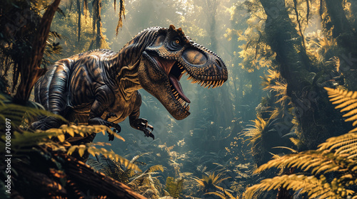Tyrannosaurus rex, roaring in a prehistoric jungle, towering ferns and misty atmosphere © Marco Attano