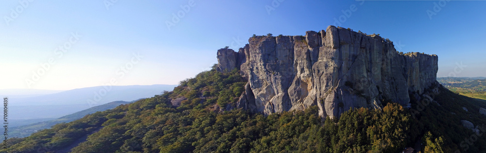 Aerial view Bismantova stone, a famous climbing gym in the mountains of Reggio Emilia, Italy