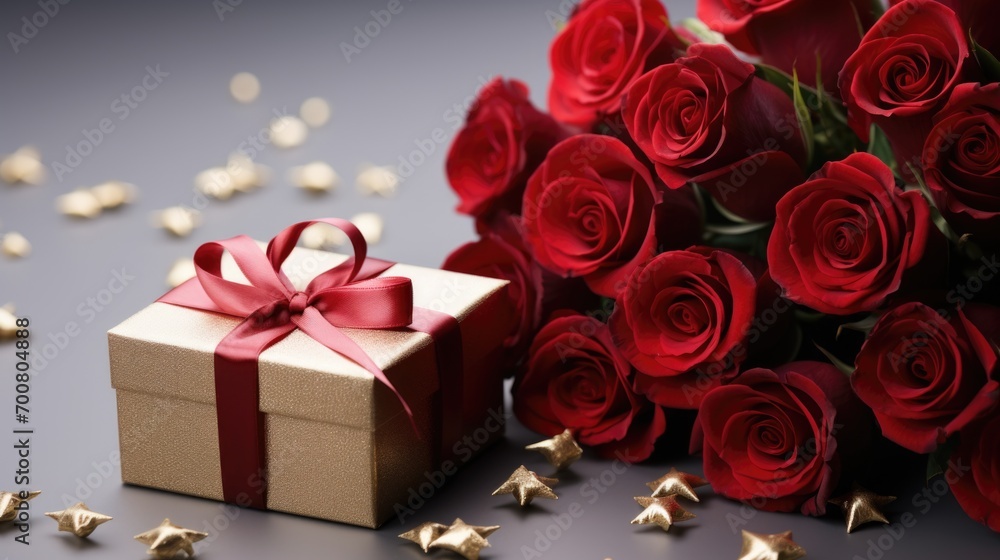 A bouquet of red roses and a gift box. St Valentine's day greeting card design. A bouquet of red roses and a gift box. St Valentine's day greeting card design.