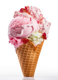 A close-up image showcasing a delicious ice cream cone, topped with pink and white scoops, garnished with fresh red petals, isolated on a white background.