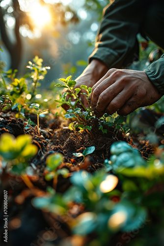 A close-up of a person's hands planting seeds in a garden