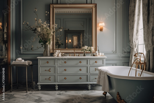 A luxurious vintage bathroom featuring a classic blue bathtub  an ornate mirror above a spacious cabinet  adorned with blossoming white flowers and elegant lighting.