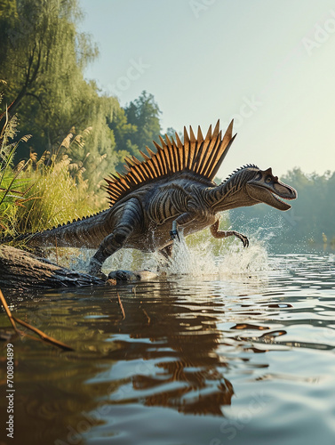 Spinosaurus fishing by a riverside  splashing water