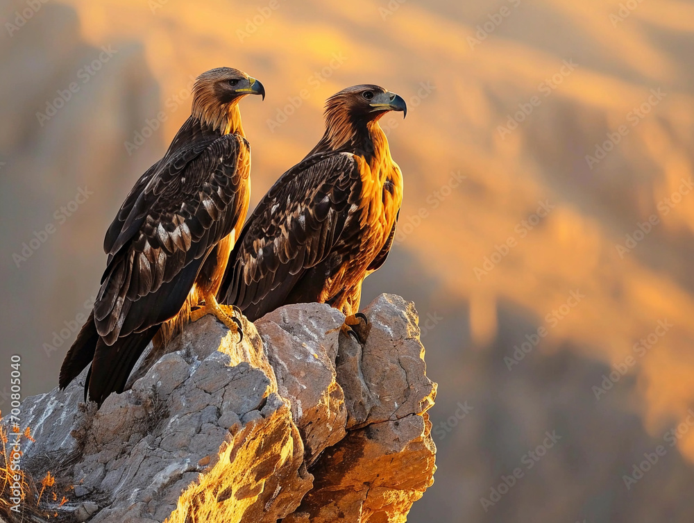 Fototapeta premium Two golden eagles perched on a rocky cliff against the backdrop of a setting sun, sharp eyes surveying the land