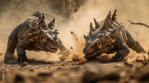 Two Ankylosaurs battling, dusty ground, motion blur to emphasize action, intense expressions © Marco Attano