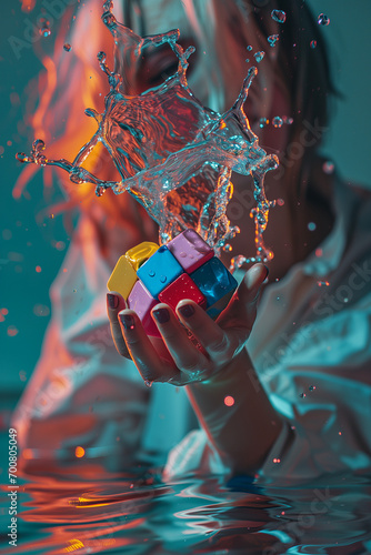 Young woman gently hold heart made from multiple square segments, covered in water splash, with shades of pink, blue, red and yellow on a teal and orange background. Valentine's day concept.