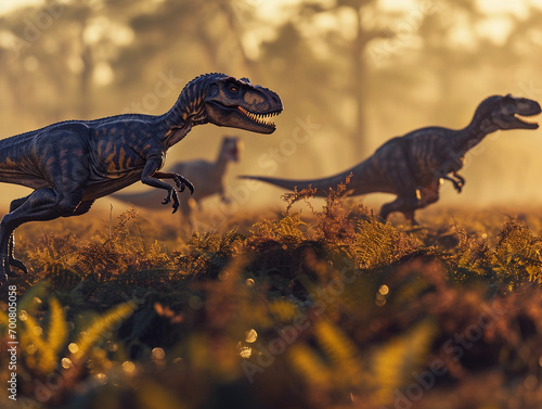 Velociraptors hunting in a pack  golden hour lighting  stalking a herd of herbivores across a savannah