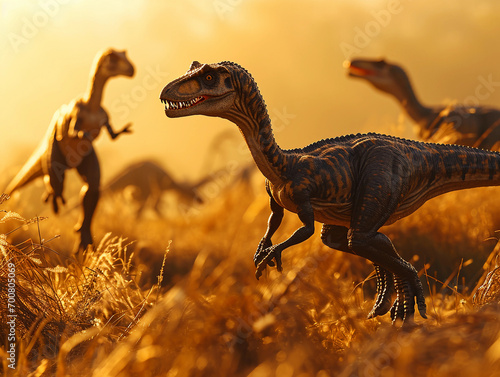 Velociraptors hunting in a pack, golden hour lighting, stalking a herd of herbivores across a savannah © Marco Attano