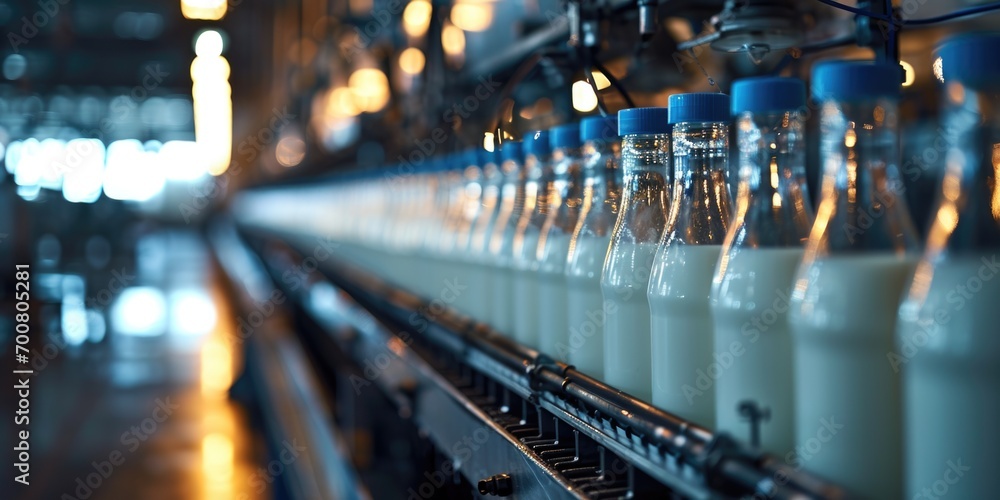 A line of bottles filled with milk on a conveyor belt.