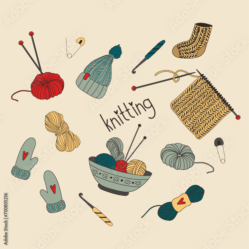 Set of knitting tools and accessories in doodle style. Hand drawn collection. Knitwear and skeins. 