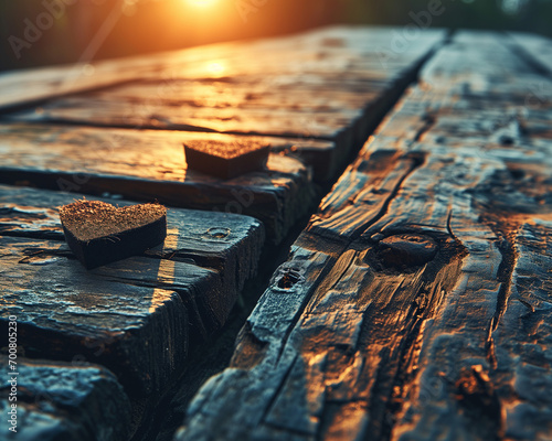 Close-up photo of a rustic wooden table  with a rough texture highlighted by the golden hues of a setting or rising sun with two small  heart-shaped objects placed on the table.