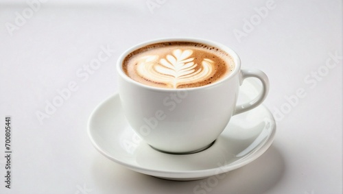 Latte in White Cup, White Background, Top View, Close Up © varol