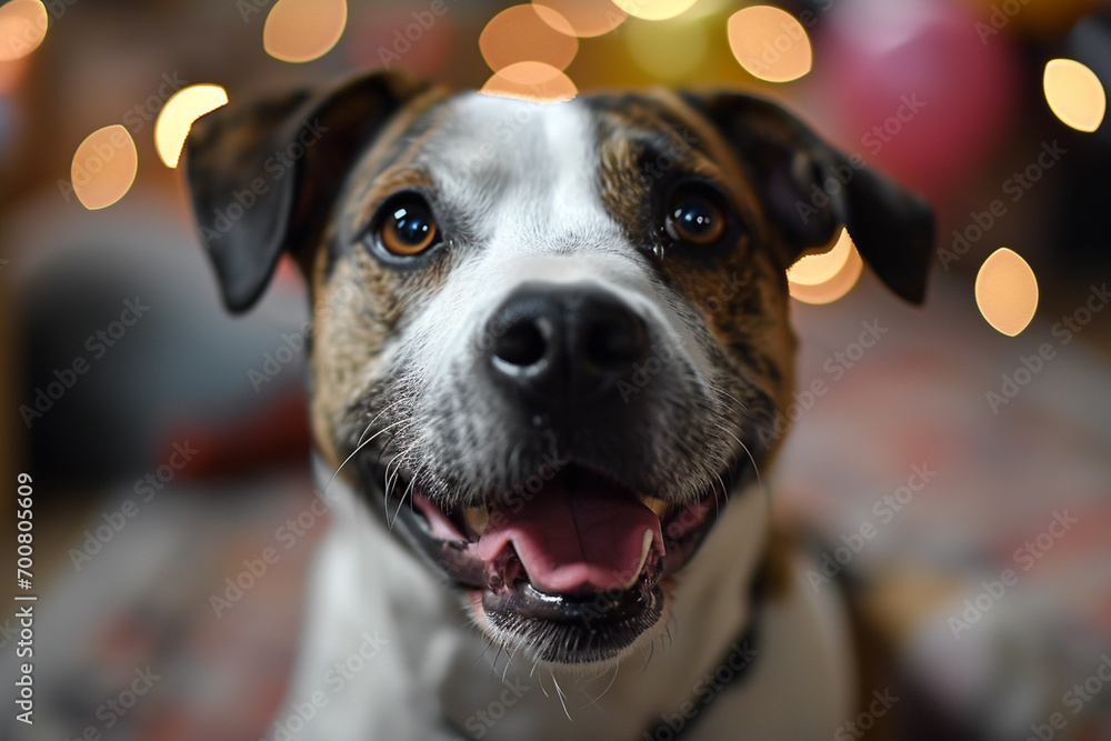 Close-up view on face of a street dog from per shelter - obrazy, fototapety, plakaty 