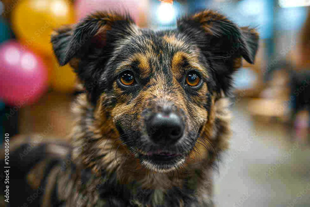Close-up view on face of a street dog from per shelter