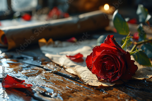 single rose lying atop an old, weathered love letter, framed by delicate lace or parchment