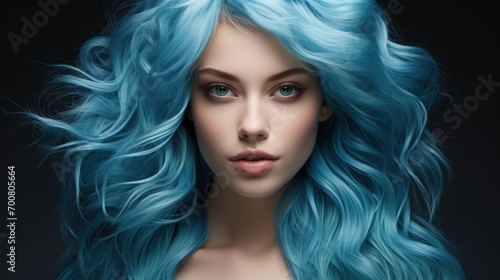A woman with blue hair is posing for a picture. Luscious colored locks, radiating confidence and style. Perfect for hair product ads.