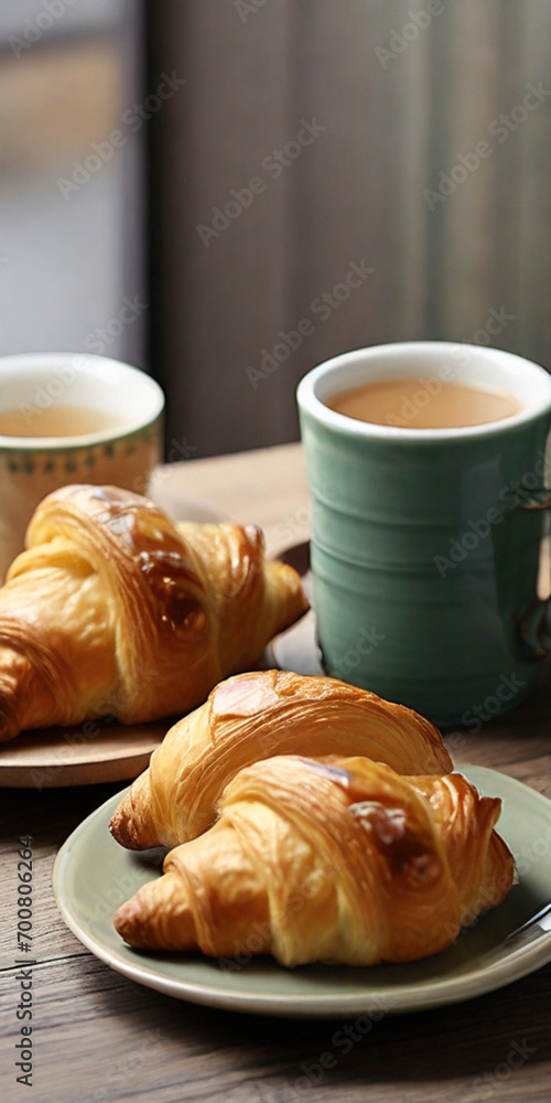breakfast with croissant and coffee breakfast with croissant and coffee