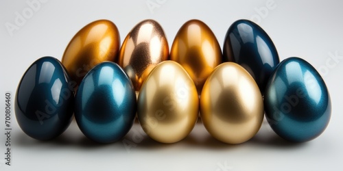A group of golden and blue eggs sitting next to each other.