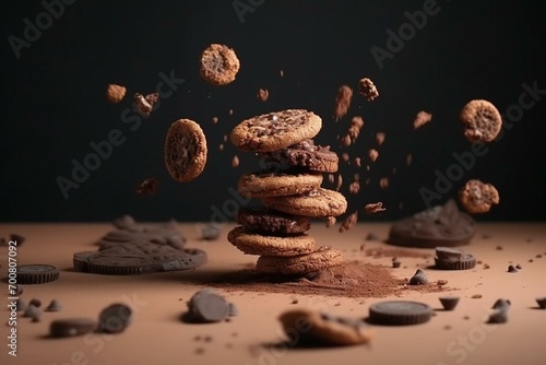Levitating cookies with crumbs, broken fragments, and flying chocolate cookies. Generative AI