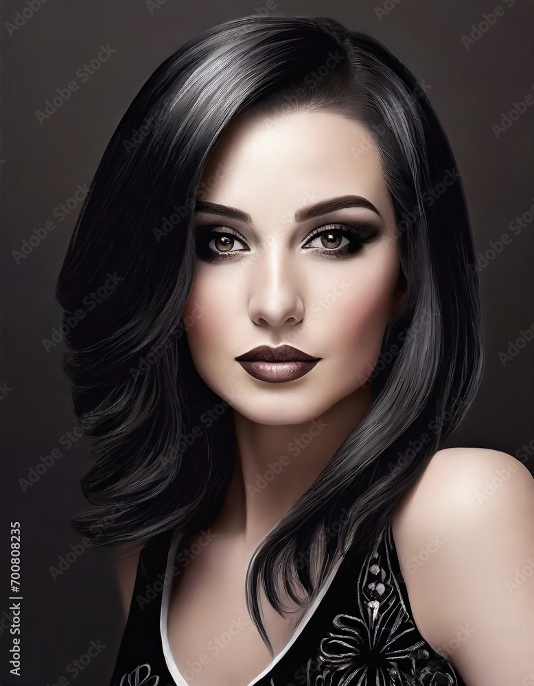 Fototapeta premium woman in black hair on dark background