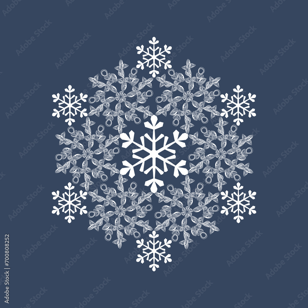 Author's design of white hexagonal vector snowflake on blue background Author's design of white hexagonal vector snowflake on blue background