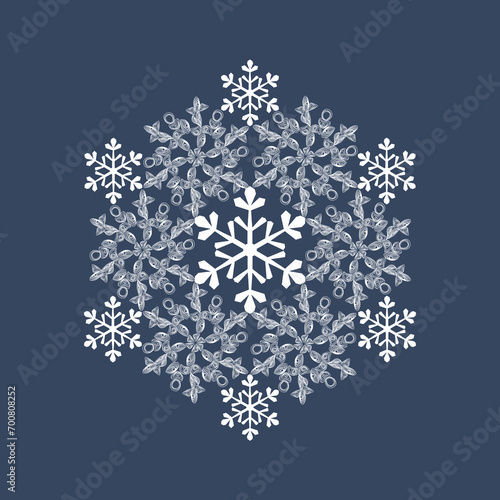 Author's design of white hexagonal vector snowflake on blue background