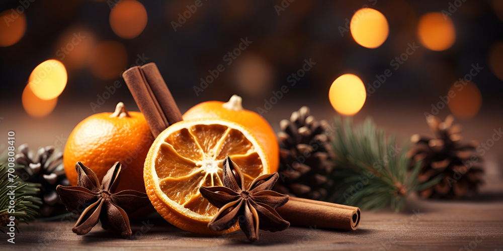 Traditional Christmas spices and dried orange slices on holiday light background Christmas spices decoration Traditional Christmas spices and dried orange slices on holiday light background Christmas spices decoration