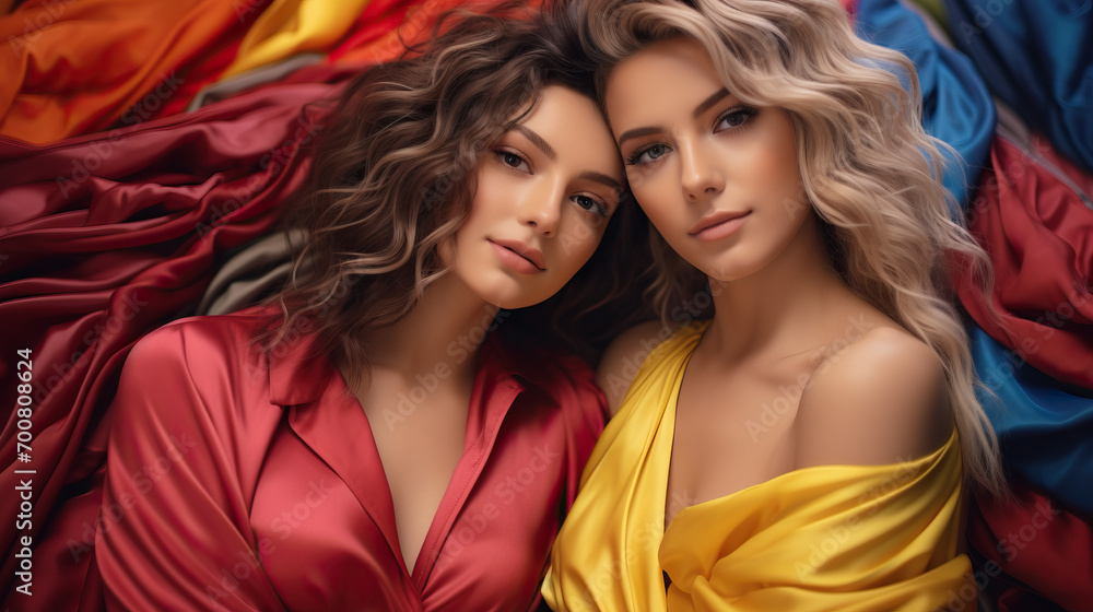 Two Stylish and Cool LGBTQ Lesbian Partners Embracing on a Colorful Satin Fabric Background, Creating a Vibrant and Creative Love Story Portrait Two Stylish and Cool LGBTQ Lesbian Partners Embracing on a Colorful Satin Fabric Background, Creating a Vibrant and Creative Love Story Portrait