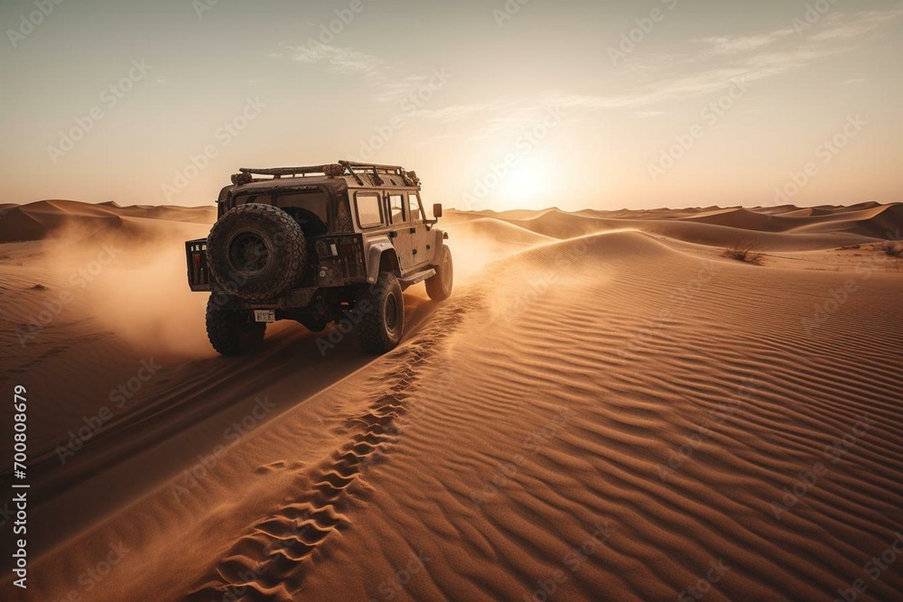 Off-road vehicle in Qatar's desert. Generative AI - obrazy, fototapety, plakaty 