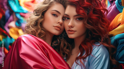 Two Stylish and Cool LGBTQ Lesbian Partners Embracing on a Colorful Satin Fabric Background, Creating a Vibrant and Creative Love Story Portrait